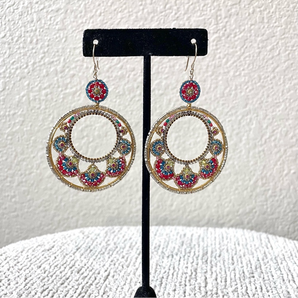 Colorful Seed Bead Pink Crystal Circle Dangle Earrings